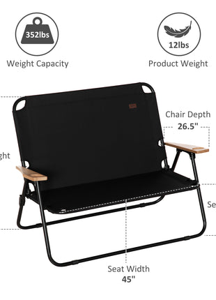 Double Folding Camping Chair, Loveseat for 2 Adults, Portable Camping Couch with Wood Armrest & Cupholders, for Backpacking, Beach, Sports Travel, Black