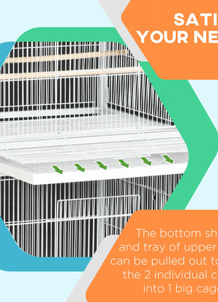 Wrought Metal Bird Cage Feeder with Rolling Stand Perches Food Containers Doors Wheels 67" H, White