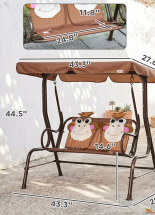 Kids Patio Swing, 2-Seater Outdoor Swing Chair with Adjustable Canopy and Safety Belt, Monkey Pattern Hanging Swing Bench for Garden or Backyard, Coffee