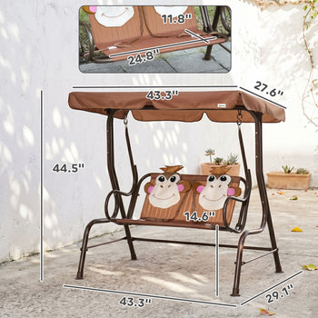 Kids Patio Swing, 2-Seater Outdoor Swing Chair with Adjustable Canopy and Safety Belt, Monkey Pattern Hanging Swing Bench for Garden or Backyard, Coffee