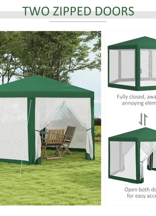 13' x 11' Outdoor Party Tent, Hexagon Sun Shade Shelter Canopy w/ Protective Mesh Sidewalls, Ropes & Stakes, Green