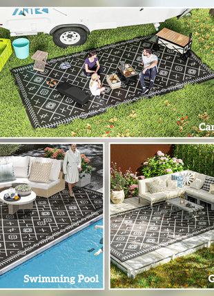 Reversible Outdoor Rug, Waterproof Plastic Straw with Carry Bag, 9' x 18', Black & Gray Rhombus