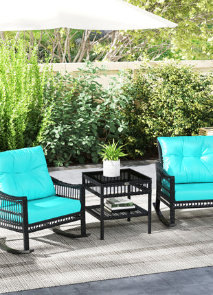 3 Piece Outdoor PE Rattan Rocker Chair Set, Rocking Chair with Tempered Glass Table Top, Turquoise Green