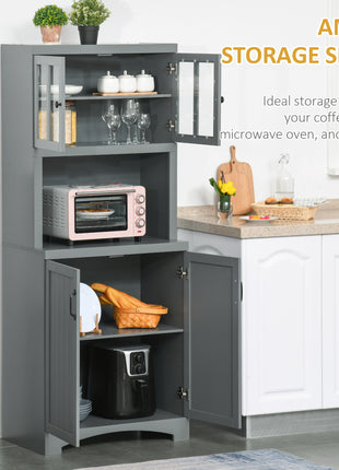 Storage Cabinet with Adjustable Shelves and Microwave Space, 70" Pantry Cabinet with Glass Framed Door, Gray