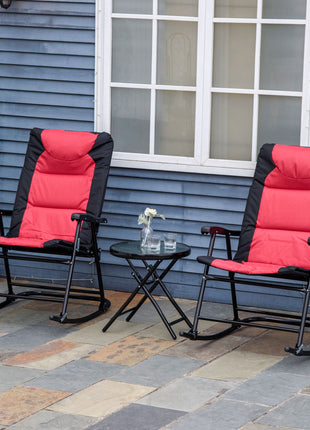 3 Piece Outdoor Patio Furniture Set with Glass Coffee Table & 2 Folding Padded Rocking Chairs, Bistro Style for Porch, Camping, Balcony, Red