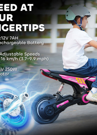 24V Kids Motorcycle, Electric Dirt Bike with 250W Motor, Up to 9.9 MPH, 12" Inflatable Tires and Rear Suspension, Pink