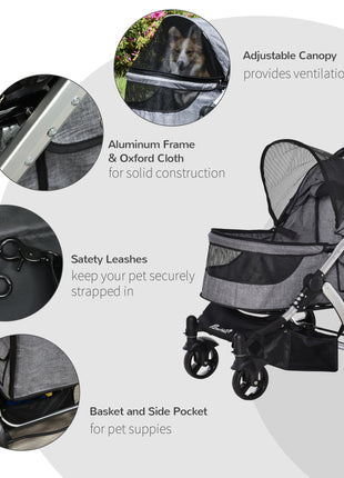 Pet Stroller Foldable Dog Cat Travel Carriage with Adjustable Handlebar PVC Wheel Brake Storage Bag Mesh Window Safety Leash Aluminum Grey
