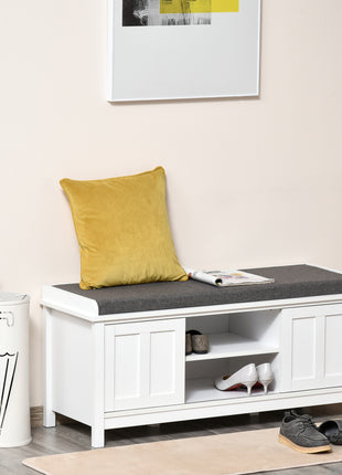 Entryway Shoe Bench Storage Ottoman with Sliding Doors, Adjustable Shelving, 6 Compartments, and Padded Seat, Holds 10 Pairs, White