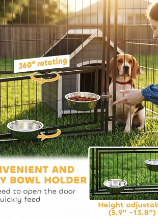 Large Outdoor Dog Kennel with 2 Rooms, Rotating & Adjustable Height Bowls, 13.5' x 9.4' x 5.1'
