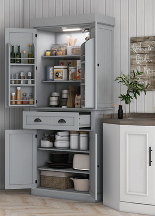 71" Kitchen Pantry Cabinet with LED Lights, 6 Door Shelves, a Drawer and 4 Adjustable Shelves, Gray