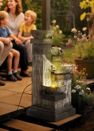33.5" Water Fountain, 4-Tier Resin Cascading Bowls Outdoor Waterfall Fountain with LED Lights, Pump