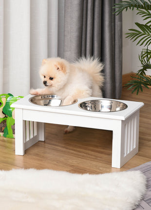 6" Height Small Puppy Dog Feeding Station for Messy Pets, Stainless Steel Elevated Dog Bowls with Modern Wooden Frame, Dog Food Stand Pet Feeding Station, White