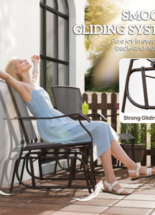 Outdoor Glider Chairs with Coffee Table, Patio 2-Seat Rocking Chair Swing Loveseat with Breathable Sling for Backyard, Garden, and Porch, Gray