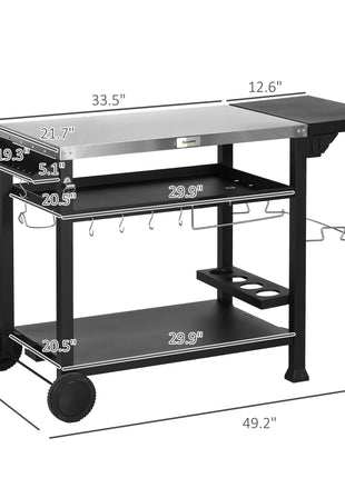 3-Shelf Outdoor Grill Cart Table with Foldable Side Table, Stainless Steel Pizza Oven Stand on Wheels, Black