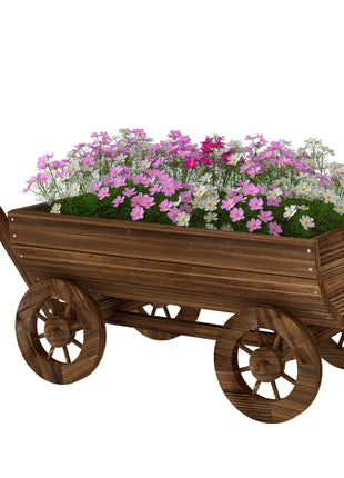 Wooden Wagon Planter Box, Mobile Garden Planter with 4 Wheels, Small Wheelbarrow Wagon Flower Cart with Drainage Hole