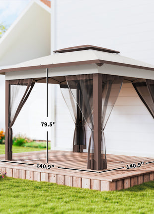 12' x 12' Pop Up Canopy Tent with Netting and Carry Bag, Instant Sun Shelter with 137 sq.ft Shade, Beige and Brown