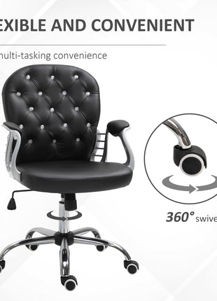 Makeup Vanity Chair, PU Leather Computer Task Chair with Button Tufted, Padded Armrests, Adjustable Height and Swivel Wheels, Black