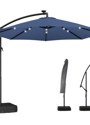 10 ft Cantilever Patio Umbrella with Light, Weight, Offset Hanging Outdoor Umbrella with Protective Cover, Dark Blue