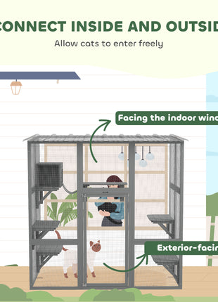 Catio Outdoor Cat Enclosure, Window Box Wooden Cat House with Bridge Platforms, Gray