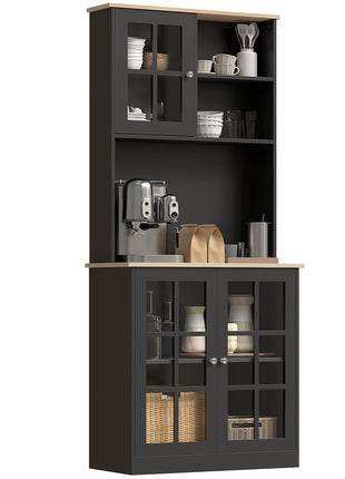 Kitchen Pantry Storage Cabinet, 72" Freestanding Cabinet with Hutch, Large Countertop, Glass Doors and Adjustable Shelves for Dining Room, Black