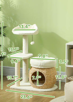 31" Cat Tree Tower with Scratching Posts, Cat Condo, Beds, Platform and Toy Ball for Indoor Cats, Cream White