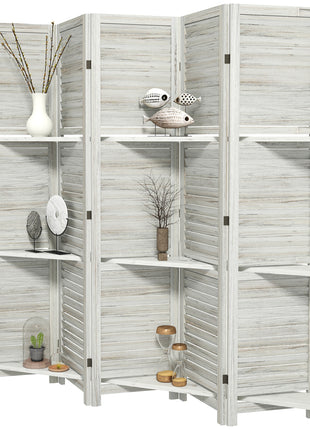 5 Panel 67" Tall Wood Privacy Screen Room Divider with 3 Shelves and Folding Storage for Bedroom, Distressed White