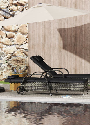 2 Reclining Chaise Lounge Chairs, Rolling Outdoor Chairs with Cushion, Pillow, Headrest, Armrests, and Wheels, Black