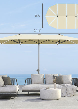 15ft Double-Sided Outdoor Umbrella with Solar Lights, UPF50+ Extra Large Aluminum Patio Umbrella with Crank, Cream White