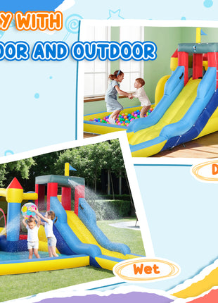 6 in 1 Inflatable Water Slide Park with Splash Pools, 2 Slides, Trampoline, Climbing Wall, Cannon, Basketball Hoop