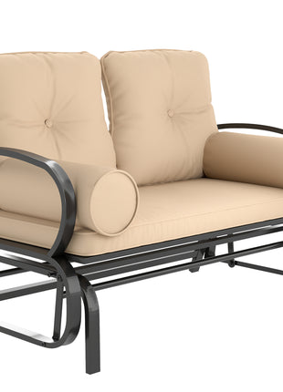 Swing Glider Rocking Chair, Double Patio Bench, 2 Person Loveseat with Steel Frame, Cushions, Pillow Armrests, Khaki