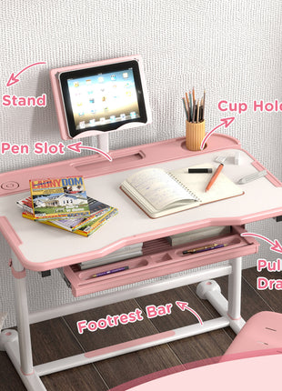 Adjustable Kids Desk and Chair Set with Tilt Desktop & Storage, Pink