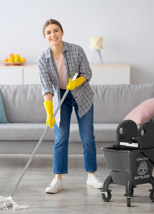 Mop Bucket with Wringer on Wheels for Floor Cleaning, 27.5 Quart Down Press Wringer with Handle and Mop, Black