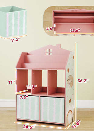 Kids Bookshelf with Storage, Toy Storage Unit with Book Display, Shelves and Fabric Drawers for Playroom Nursery, Pink