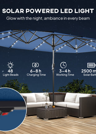 Garden Parasol, Double-Sided Sun Umbrella with LED Solar Lights, Patio Parasol for Outdoor, Blue