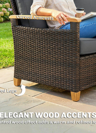 3 Seater Outdoor Couch Sofa, PE Wicker Patio Sofa, Wide Deep Seat, 4" Cushions, Wood-Effect Armrests Legs, Gray