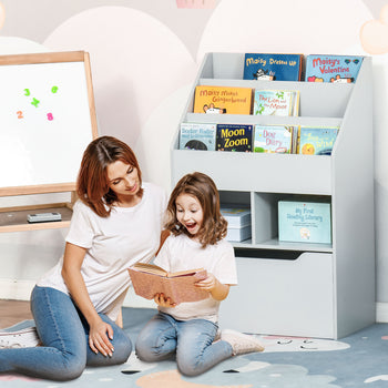 Kids Bookcase Multi-Shelf Book Rack with Mobile Drawer for Books, Toy , Gray