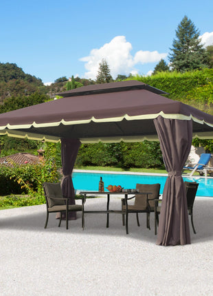 10' x 13' Patio Gazebo, Aluminum Frame Double Roof Outdoor Gazebo Canopy Shelter with Netting & Curtains, Coffee