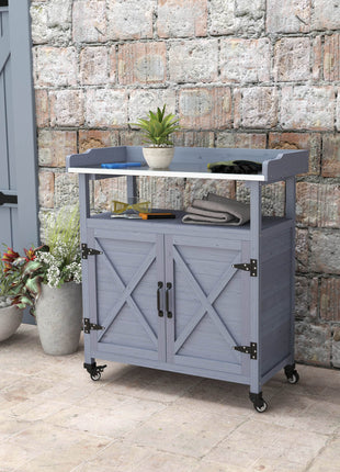 Outdoor Wooden Potting Bench with Storage Cabinet, Aluminum Tabletop, Rubber Wheels for Backyard, Patio, Balcony, Gray