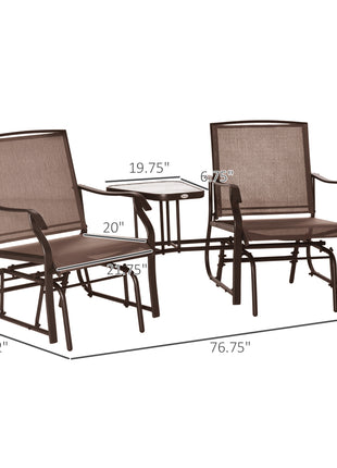 Outdoor Glider Chairs with Coffee Table, Patio 2-Seat Rocking Chair Swing Loveseat with Breathable Sling for Backyard, Garden, and Porch, Coffee Brown