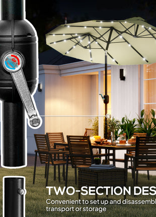 Double-sided Patio Umbrella, 9.7' Outdoor Umbrella with Tilt and Crank, LED Solar Light and 12 Ribs, Cream White