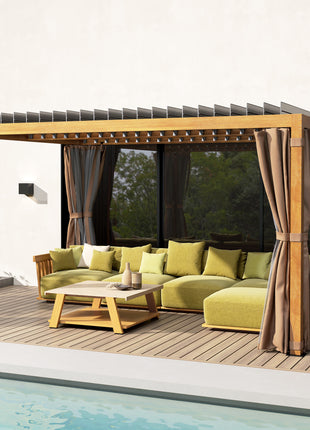 10' x 13' Outdoor Retractable Pergola w/ Sun Shade Louvered Top, Pergola w/ Canopy, Curtains, Netting, Natural Wood