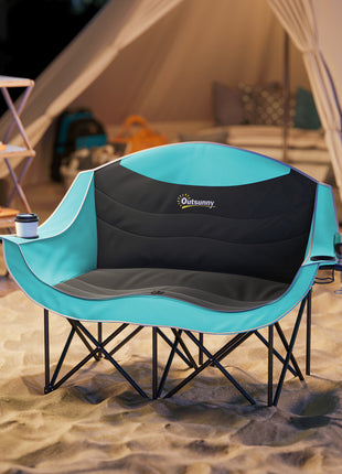 Padded Folding Camp Chair for Adults, Double Camping Chair with Armrests, Cup Holders, Carry Bag for Outdoor, Green