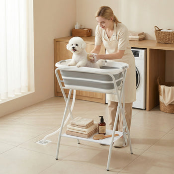 Dog Bath Tub Dog Washing Station, Elevated Foldable Dog Bathtub with Hose, Storage Shelf, for Small Dogs Puppies Gray