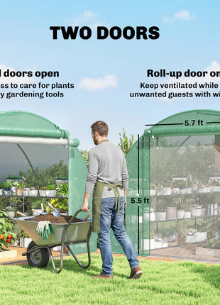 10'x11'x6' Walk-in Tunnel Greenhouse with Shelves, Mesh Door and Windows, Hoop House Greenhouse with PE Cover, Green