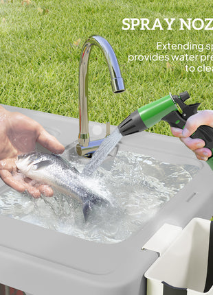Folding Fish Cleaning Table with Sinks, Portable Camping Sink Table with Faucet, Drainage Hose, Sprayer, Shelf, Drawer and Storage Basket, Outdoor Fillet Table for Picnic Beach Patio, Gray