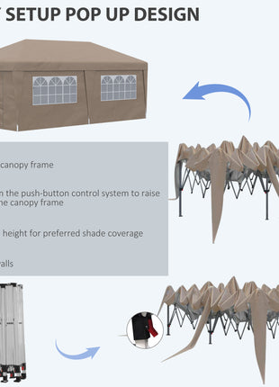 10' x 19.5' Pop Up Canopy Tent Height Adjustable Event Shelter w/ Sidewalls, Leg Weight Bags, Wheeled Carry Bag, Brown
