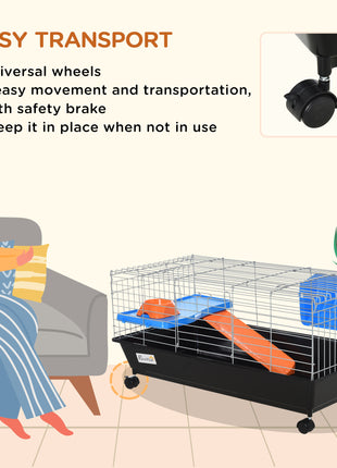 35"L Small Animal Cage with Food Dish, Water Bottle, Hay Feeder, Platform, Ramp for Chinchilla, Black