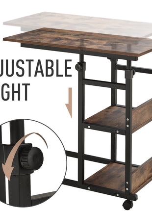 Industrial C-Shaped Mobile Rolling Sofa Side Table with 3-Tier Storage Shelving, Adjustable Height, & Wheels