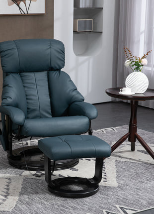 Swivel Recliner with Ottoman, Faux Leather Reclining Chair with Massage, Footstool Remote and Side Pocket, Blue