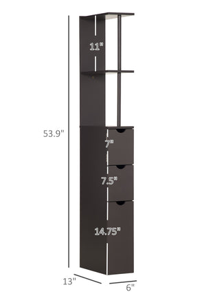 54" Tall Bathroom Storage Cabinet, Freestanding Linen Tower with 2-Tier Shelf and Drawers, Narrow Side Floor Organizer, Brown